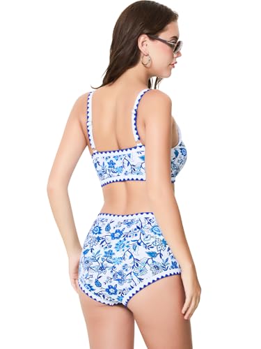 Women's Bikini Sets Vintage Floral Print 2 Piece Swimsuits High Waist Swimwear Scoop Neck Bathing Suits2