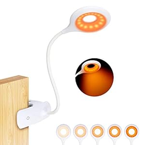 Lampes de lecture,flowlamp Lumière Ambrée 16 LED Liseuse Lampe Clip Rechargeable, 5-Niveau de Luminosité pour Lire,Protection Oculaire pour Col de cygne flexible à 360 °