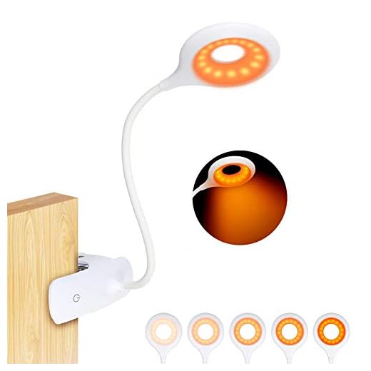 Clip On Reading Light for Bed Headboard - Rechargeable 16 LED Amber Book Light, 5 Brightness Desk Light Clamp Lamp, Touch Control Dimmable Reading Lamp with Flexible Neck, Gentle Night Light for Kids