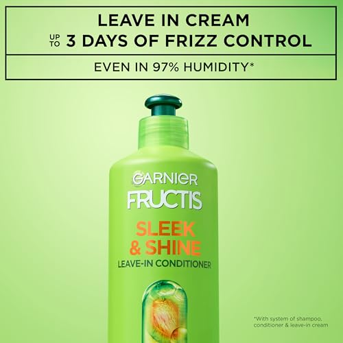 Image of Garnier Fructis Sleek & Shine XL Leave-In Conditioner Cream, Anti-Frizz Hair Treatment with Plant Keratin + Argan Oil, Controls Frizz and Provides Smoothness For Frizzy, Dry Hair, Value, 16.9 Fl Oz