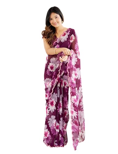 MAHEK Saree For Women's Floral Fancy Printed Mirror Border Sarees Party Wear Sari With Blouse 77 (Purple)