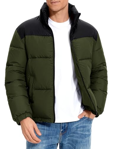 Image of PEHMEA Men's Puffer Jacket Stand Collar Zipper Coat with Pockets Retro Bubble Outwear for Winter