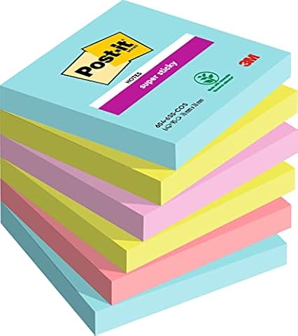 Post-it Super Sticky Notes Miami Collection 6546SMI samoprzylepne karteczki, 76 x 76 mm, 6 bloków kwadratowych, 90 arkuszy w 4 kolorach, turkusowy, neonowy zielony, neonowy różowy, czerwony