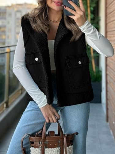 Tankaneo Womens Sherpa Denim Vest Oversized Fleece Lined Sleeveless Jean Jacket Winter Fuzzy Outerwear2