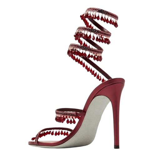 Rhinestone Wrap Around Strappy Stiletto High Heels for Women (Red 9.5) by Fuazuzu - Used condition - Image 3