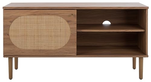 SAFAVIEH Claude TV Stand for up to 55" Flatscreen – Oak Brown & Natural Rattan, 1 Sliding Door with Interior Storage, 2 Open Shelves, Entertainment Media Console (MED9609D)