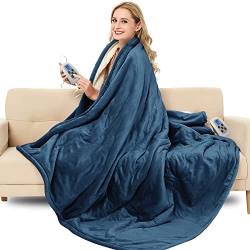 Marquess Heated Blanket Flannel Washable Queen Size Electric Blanket With 4 Heat Settings/Safety 10 Hours Auto-Off Dual Controllers (Navy, 84''×90'') #TOP2