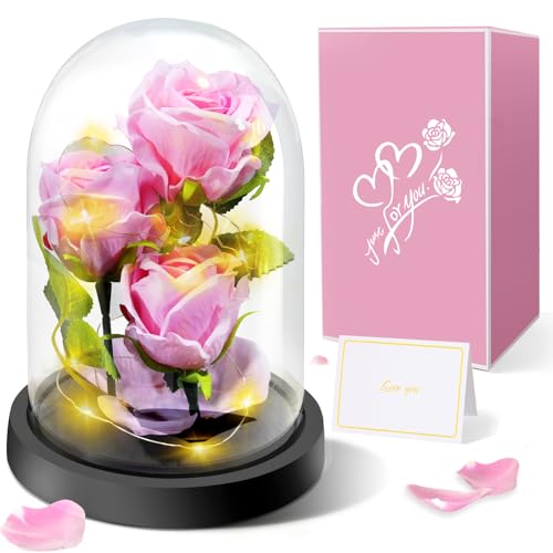 Touloube Rosa Eterna Regalos del Día de la Madre, Regalo de Flor de Rosa para Mamá, Novia -3 Rosas de Seda Rosa con Luz LED en una Cúpula de Cristal para el Día de la Madre Aniversario Cumpleaños