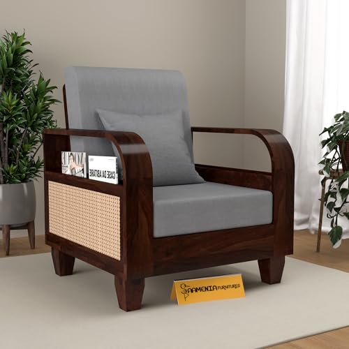 Image of Sheesham Wooden 1 Seater Sofa for Living Room | Solid Wood Sofa with Rattan Cane Side Rack | Rosewood Sofa Set for Home & Office | Lounge (Walnut, 1 Seater)