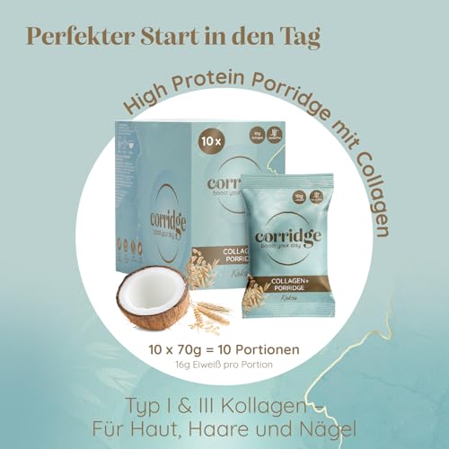 Corridge - High Protein Porridge mit Kollagen & Kokosgeschmack 10x70g - Proteinreiches Frühstück - Haferflocken Glutenfrei, Laktosefrei & ohne Zuckerzusatz - Collagen Typ 1 & 3 Haut, Haare, Nägel