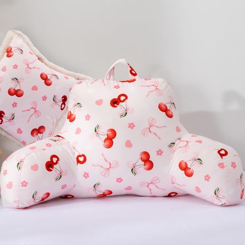 A Nice Night Kids Back Reading Pillow for Reading and Watching TV Bed to Lounge, Cute Ribbon Bowknot Chic Cherry Flower Printed,with Matching Cushion Cover