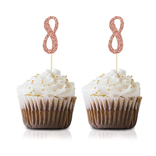 Rose Gold 8Th Birthday Cupcake Topper, 24-Pack Number 8 Glitter Happy Birthday Party Cupcake Toppers, Decorations #TOP10