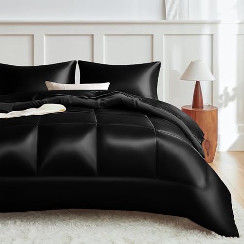 MR&HM King Size Comforter Set Black, Reversible Satin Microfiber Comforter Set for All Seasons, 3 Pieces Non-Slip Silky Soft Bedding Sets with 1 Comforter (104"x90") and 2 Pillowcases (20"x36")