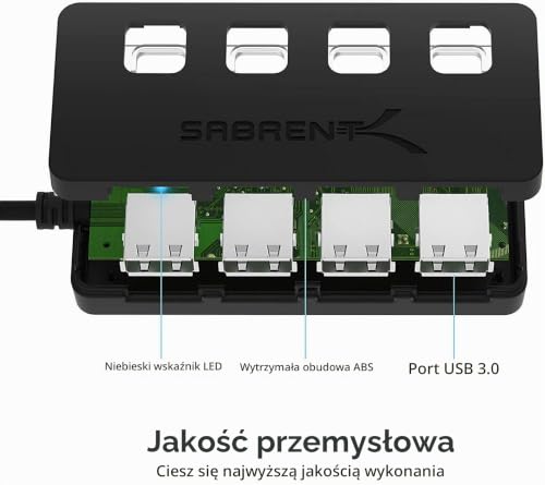 SABRENT Hub USB 3.2 Gen 1 [4 porty], listwa zasilająca USB, rozdzielacz USB, pojedyncze przełączniki ON/OFF i diody LED z zasilaczem, do PS4/PS5, PC, laptopa, pamięci USB (HB-UMP3)