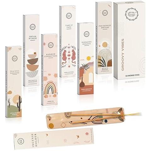 Raajsee Incense Sticks Organic Non Toxic - Pack of 6 Natural Inscents with Insence Holder -120 Sticks, Clean Burn, Boho Gift Set, Palo Santo & Sandalwood, Vanilla Musk, Rose, Green Tea, Lemon Grass Cover