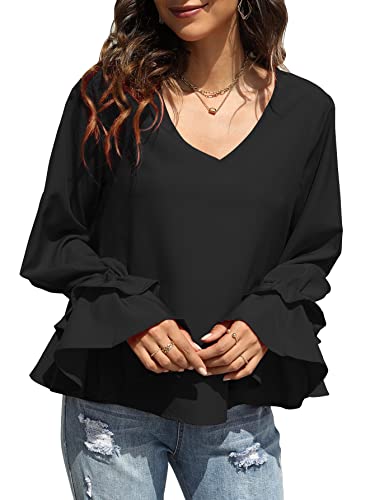 Lyaner Women's Casual V Neck Tiered Ruffle Bell Long Sleeve Blouse Shirt Tunic Top Black X-Large #TOP16