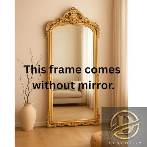 Image of Vintage Full Length Floor Mirror, Gold, Baroque Style Wooden Frame, Standing Wall Mount, Ornate Victorian Design with Decorative Carved Crown || Without Mirror || 60x30 Inches ||