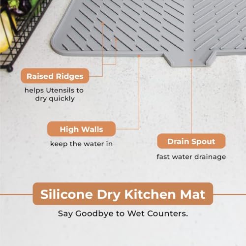 Image of HROY Large Silicone Dish Drying Mat (60 * 40 cm) for Kitchen - Built-in Drain Lip | Hygienic Drying Pad - Sturdy Compact Easy to Clean Tray Protects Surfaces Prevents Water Build Up (60 * 40 cm)