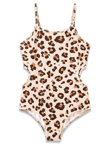 Image of Dvenki Big Girls Asymmetric Cutout Swimsuit Adjustable Straps Sizes 6X-16 | color block, leopard, tropical prints, front lined swimwear, removable pads, suitable for beach, vacation, pool play