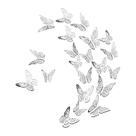 Luxbon 36pcs 3D Butterfly Wall Sticker 3 Styles and 3 Sizes Butterfly Wall Decor for Home Bedroom Party Wedding Decors(Silver) Cover
