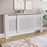 Vida Designs Chelsea Radiator Cover White - Adjustable - Modern Vertical Slat Design for Heat Distribution - H82 x W140-204 x D20.5 cm - Varnished MDF Furniture Ideal for Living Room and Hallway