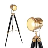 Alpinaluz Lámpara de Pie Cinema Trípode de Madera Negra Natural - Cabezal Dorado Orientable con Cristal Opaco, Casquillo E27, Estilo Náutico Vintage para Salón Comedor