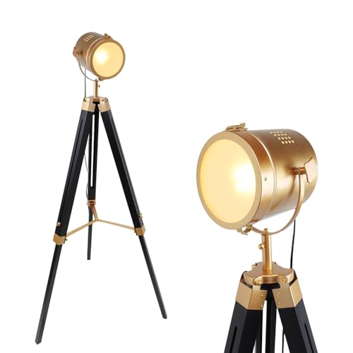 Alpinaluz Lámpara de Pie Cinema Trípode de Madera Negra Natural - Cabezal Dorado Orientable con Cristal Opaco, Casquillo E27, Estilo Náutico Vintage para Salón Comedor