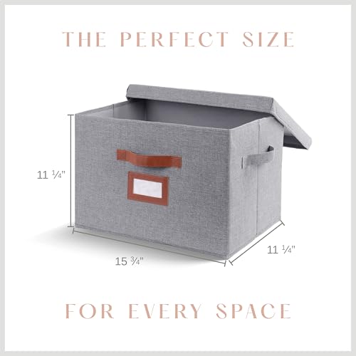 3 Pack Large Fabric Storage Boxes with Lids (15.75" x 11.25" x 11.25") - Decorative Bin with Lid, Label Holder, Faux Leather Handles - Large Storage Boxes for Organizing Clothes, Blankets - Grey by Clutter Cure - Used condition - Image 3