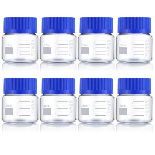 Tioncy 8 Pack 250 ml Round Media Storage Bottle Set Wide Mouth Graduated Reagent Bottle Borosilicate Glass Media Containers with Polypropylene Screw Cap Leakproof and Autoclavable for Lab Liquids