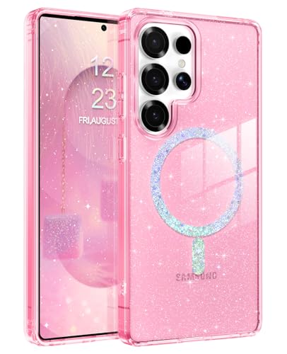 Image of BENTOBEN for Samsung S25 Ultra Case Clear Glitter, Galaxy S25Ultra Magnetic Phone Case [Compatible with MagSafe] Shockproof S25 Ultra 6.9-inch Cute Cover for Women Girl, Shine Hot Pink Glitter