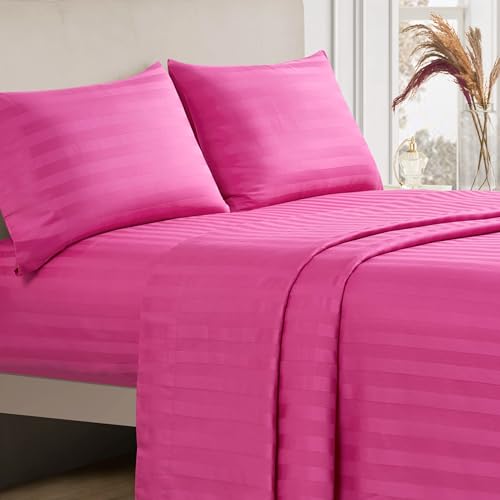 The Sheet Lab Regal Dreams Sateen Striped Damask Twin 3-Piece 100% Cotton Sheet Set, Hot Pink - Designed for a Comfortable and Luxurious Sleep Experience by The Sheet Lab - Used condition - Image 3