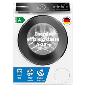 Bosch WGB244040 Serie 8 Smarte Waschmaschine, 9 kg, 1400 UpM, Made in Germany, Active Water Plus Energie- und Wasserersparnis, Iron Assist Dampf zum Entknittern, Mini Load