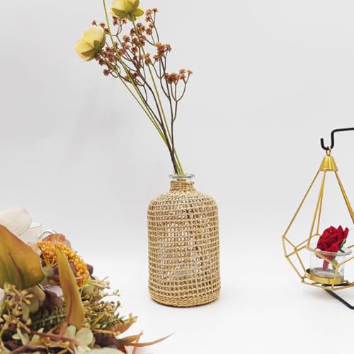 Vase à fleurs en verre et paille rustique de table - 6