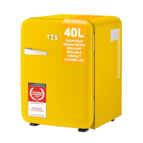 TZS First Austria - Mini Réfrigérateur Rétro 40L - Silencieux 22dB - Sans Compresseur pour Chambre & Bureau - Jaune - Frigo d'appoint - Design Vintage