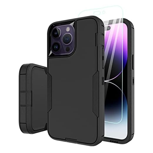 Dahkoiz for iPhone 14 Pro Max Case, with Tempered Glass Screen Protector and Dust-Proof Port Cover, Full Body Protection Rubber Phone Case for iPhone 14 Pro Max 6.7-Inch, Black/Black