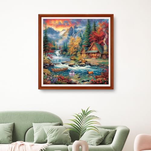 Image of Hopeart Stamped Cross Stitch Kits for Beginner Embroidery Kits for Beginners Adults DIY 11CT Cross Stitch Patterns Needlepoint Kits Crossstitching Kits- Beautiful Scenery of Late Autumn 18x18 inchs