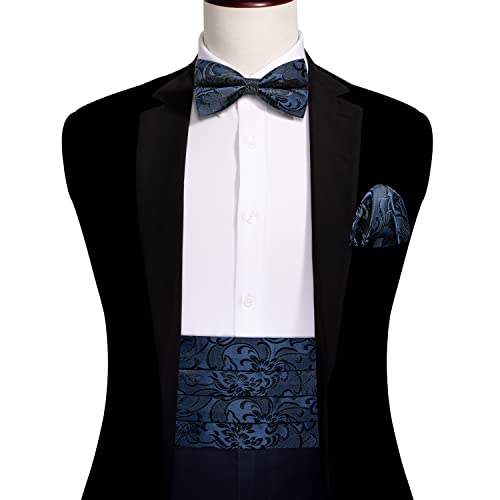 Image of Barry.Wang Men Silk Paisley Cummerbund and Pre-tied Bowtie Handkerchief Cufflink Set for Tuxedo