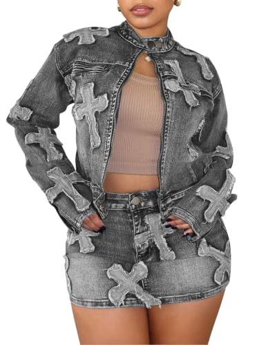 Uni Clau Womens Denim 2 Piece Set Cropped Jacket Mini Skirt Y2K Streetwear