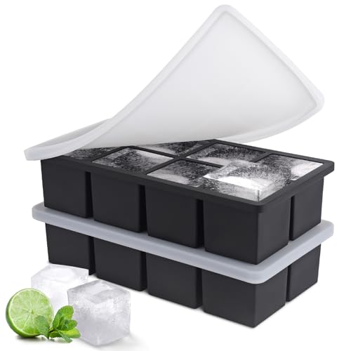 Image of Ice Cube Tray, SLGOL Ice Trays for Freezer with Lid, Easy Release large Ice Cube Molds, Silicone ice cubes mold for Whiskey, Stackable Square Ice Tray for Cocktails Whiskey Juice Coffee【8 square】