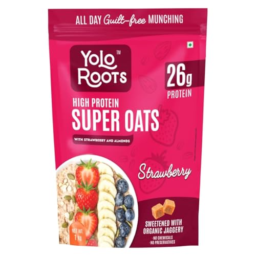 Image of Yolo Roots 26g High Protein Strawberry Super Oats 1 Kg | Plant-Based Protein with Organic Jaggery | No Refined Sugar | High Fibre Breakfast Oats with Seeds & Raisins (Strawberry)