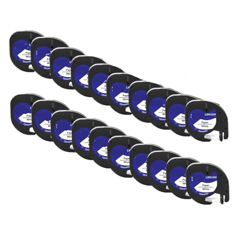 Paquete de 20 cintas etiquetas plástico negro sobre blanco 12 mm compatibles con la impresora LetraTag LT 100H compatible 91201(20PK Paper White)