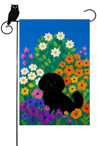 Wordatu Hello Summer Flower Shih Tzu Garden Flag 12x18 Inch Vertical Double Sided Farmhouse Holiday Outside Decorations Yard Flag Spring and Summer Black shadow (18271)