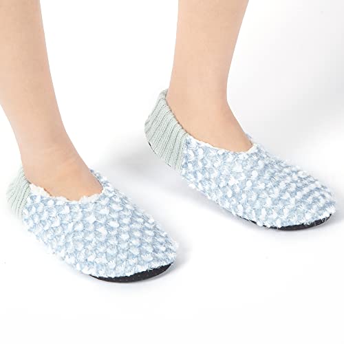 2 Pairs Soft Sole Womens Slipper Socks, Fuzzy Cozy Non-Slip House Bedroom Slippers Winter Thick Warm Indoor Slippers Blue&Pink Size 7.5-9.5 #TOP3