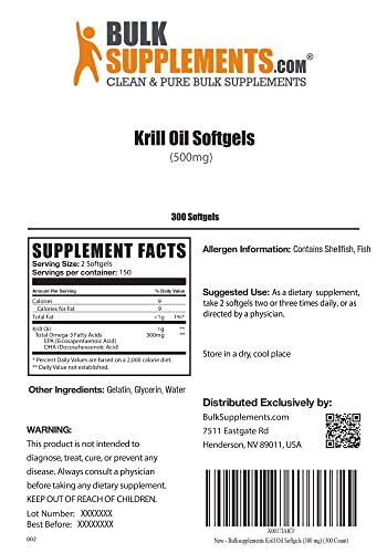 Bulksupplements.com Krill Oil 1000Mg Softgels - Krill Oil Supplement, Rich In Omega-3'S For Joints - 2 Softgels (500Mg Per Softgel) Per Serving - 150-Day Supply (300 Softgels) #TOP1