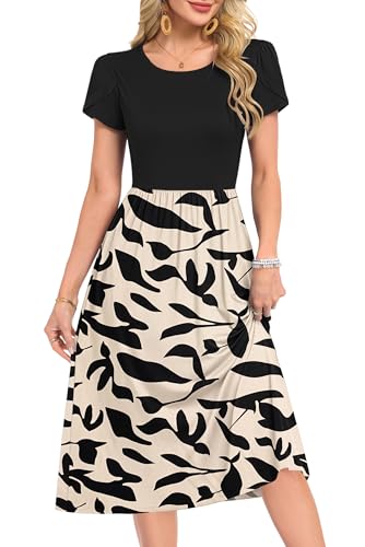 MOLERANI Sommerkleid Damen Elegant Kleider Rundhals Midi Kleid Loose Swing Freizeitkleid mit knielangen Taschen Aprikose Schwarz Blatt L 2
