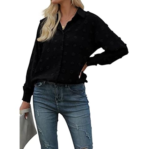 Breampot Women Long Sleeve Shirts Swiss Dot V Neck Tunic Tops Casual Button Down Blouse(Black, Medium) Cover