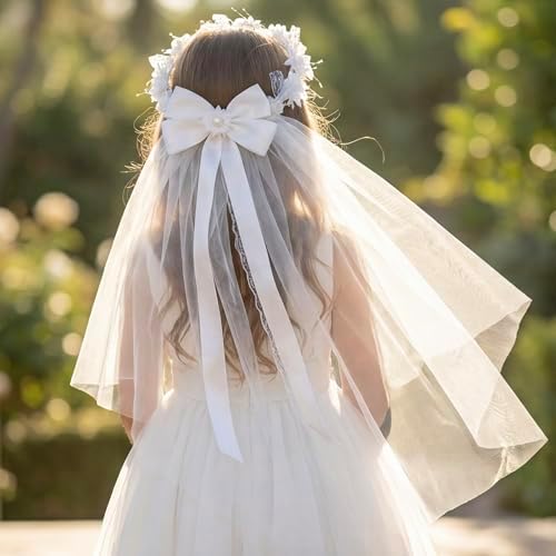 Girls First Communion Veil with Flower Headband & Bow, White Lace Tulle Headpiece for Catholic — 사진 3