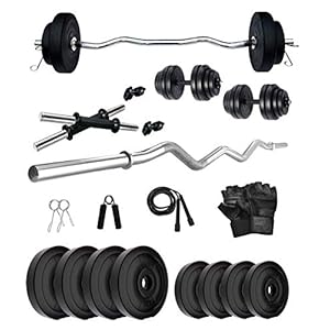 FITMAX PVC 15KG COMBO HOME GYM SET WITH ONE 3 FT CURL AND ONE PAIR DUMBBELL RODS COMES WITH HOME GYM ACCESSORIES