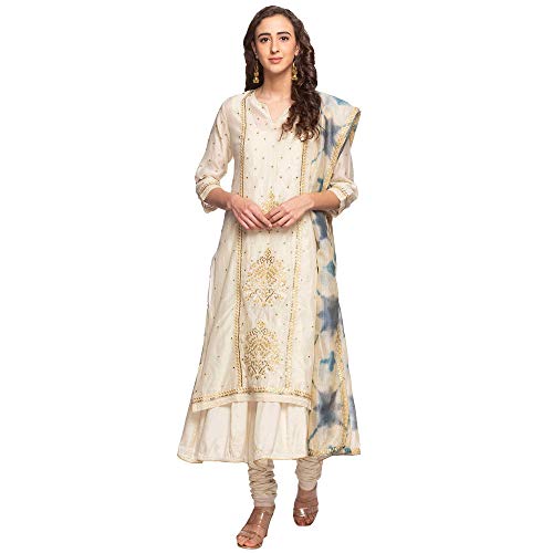 Image of BIBA Womens Notched Neck Embroidered Churidar Suit
