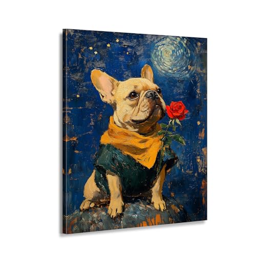 Toile bouledogue français pour salon romantique rose et nuit étoilée